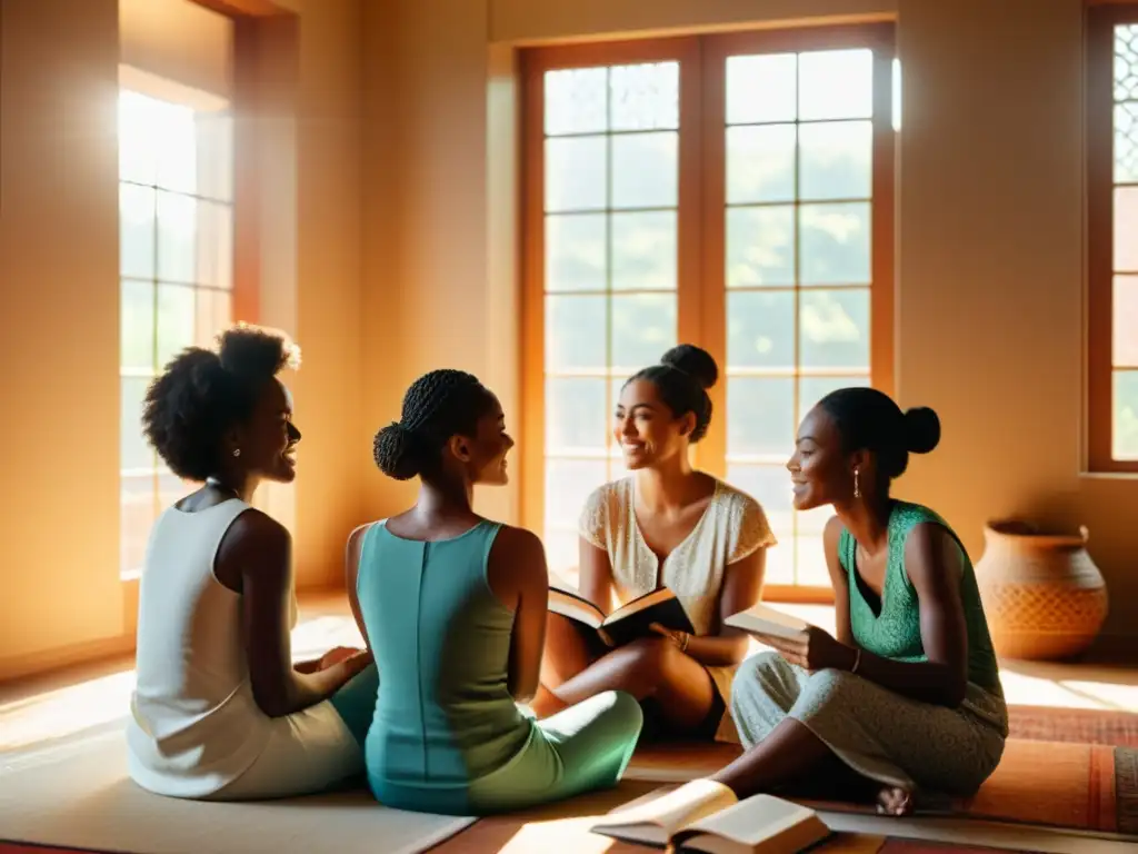 Un grupo diverso de mujeres discute animadamente en una habitación soleada, llena de libros