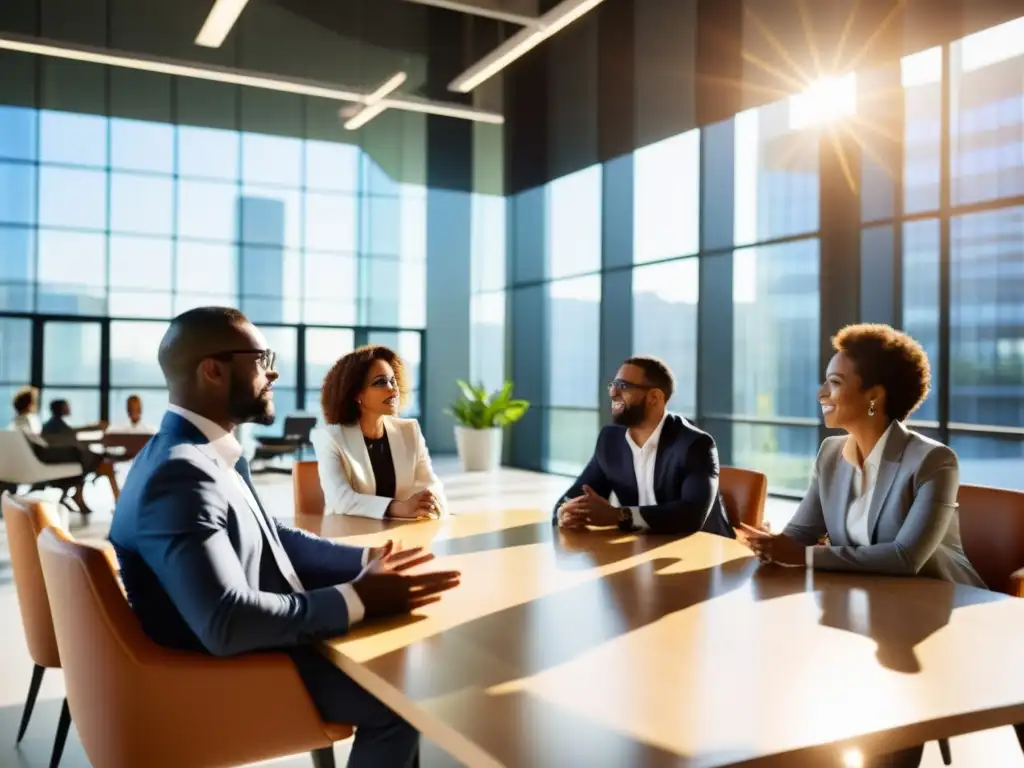 Grupo diverso de profesionales en trajes de negocios, debatiendo en una oficina moderna con luz natural