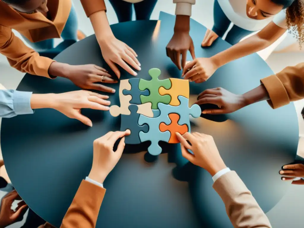 Colaboración diversa: uniendo piezas del puzzle Un grupo diverso colabora armando un rompecabezas en un ambiente profesional y minimalista, destacando la cooperación voluntaria en economía austriaca