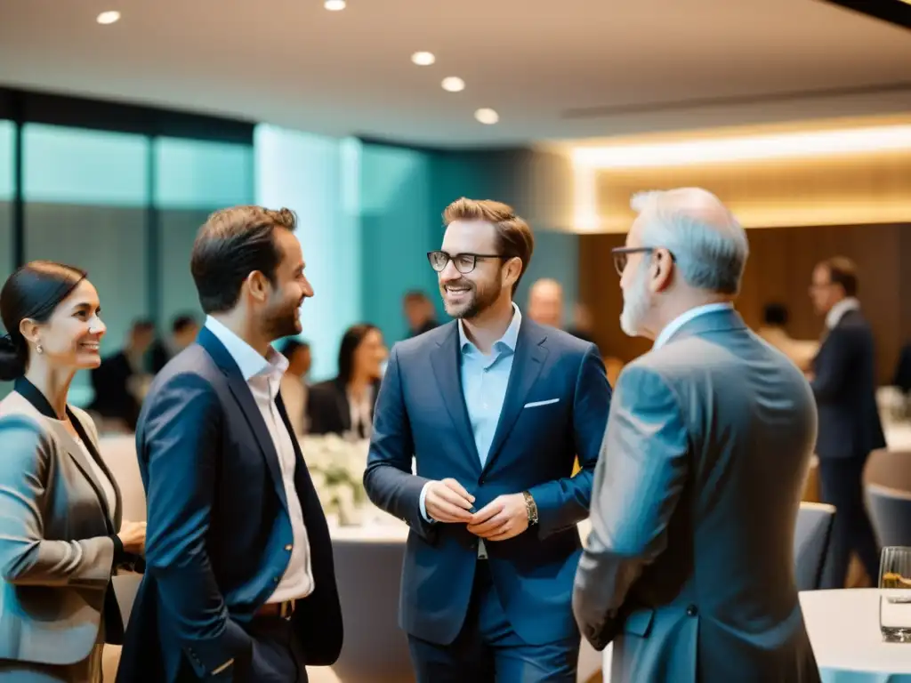 Grupo de economistas en animada discusión en evento exclusivo