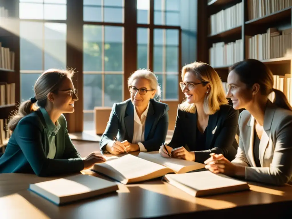 Grupo de economistas femeninas en animada colaboración intelectual, inmersas en la búsqueda del conocimiento en una atmósfera de camaradería académica