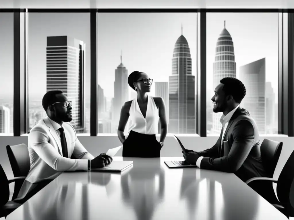 Emprendedores africanos impulsando la innovación y el progreso económico Un grupo de emprendedores africanos colaborando en una oficina moderna, con rascacielos al fondo