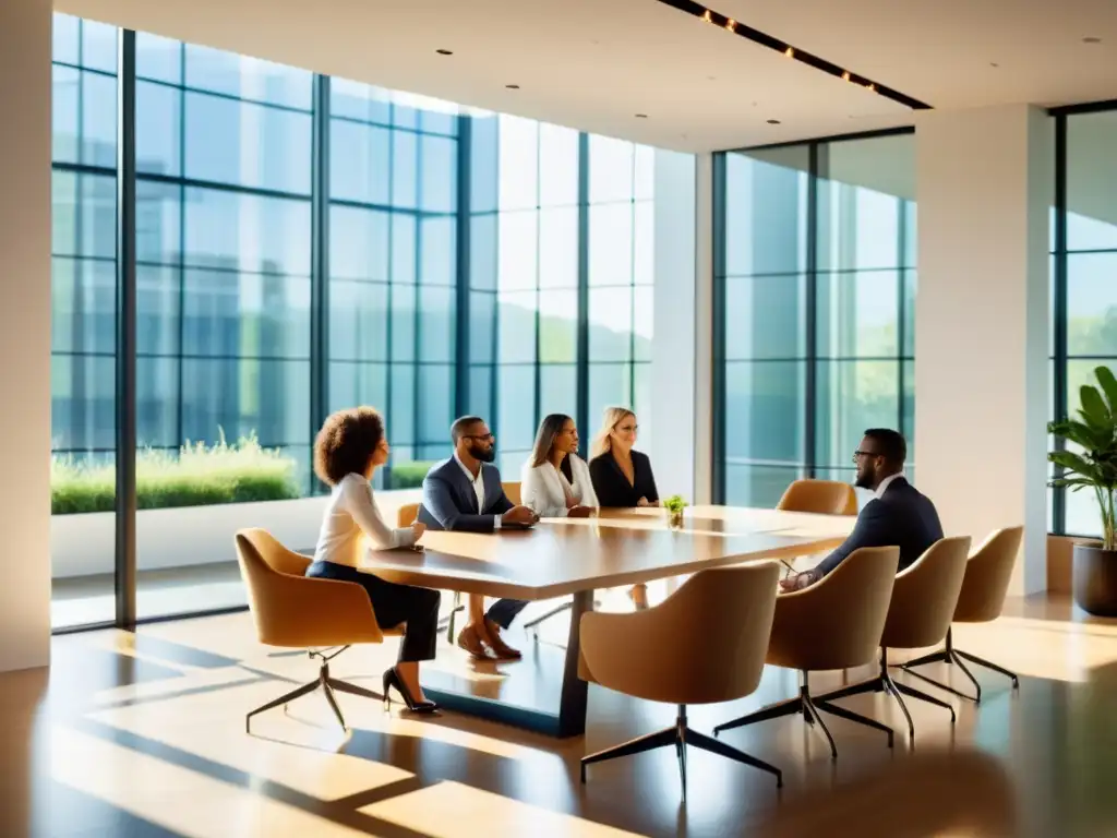 Un grupo de emprendedores diversos se reúne en una elegante sala de juntas, iluminada por el cálido sol