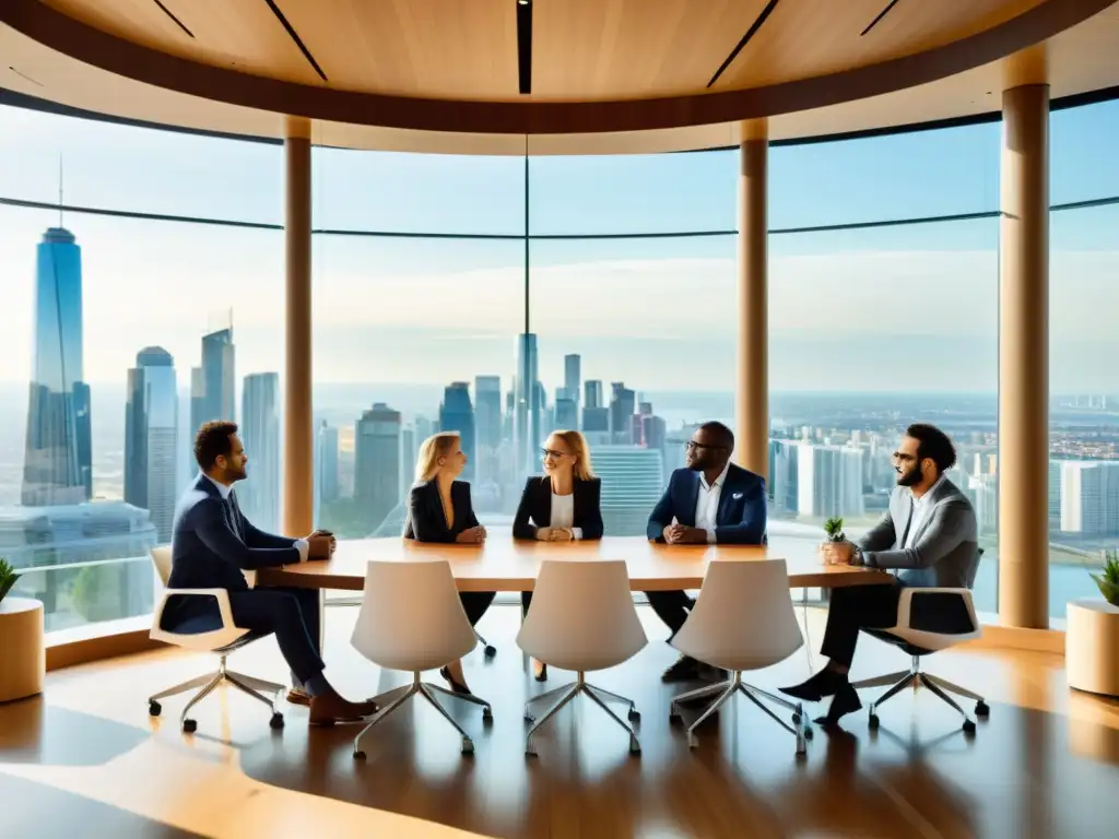 Conferencia emprendedora: Ideas brillantes en acción Grupo de emprendedores debatiendo ideas en un elegante salón de conferencias con vista a la ciudad