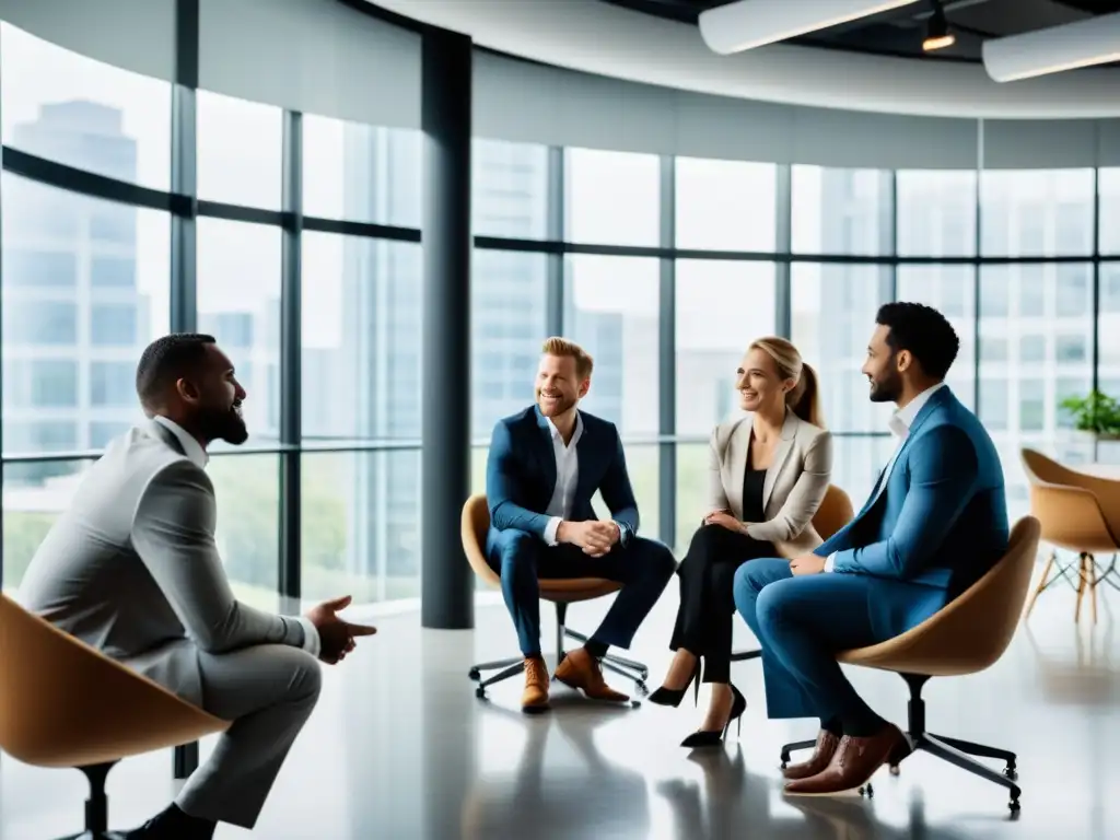 Grupo de empresarios debatiendo con pasión en una oficina moderna