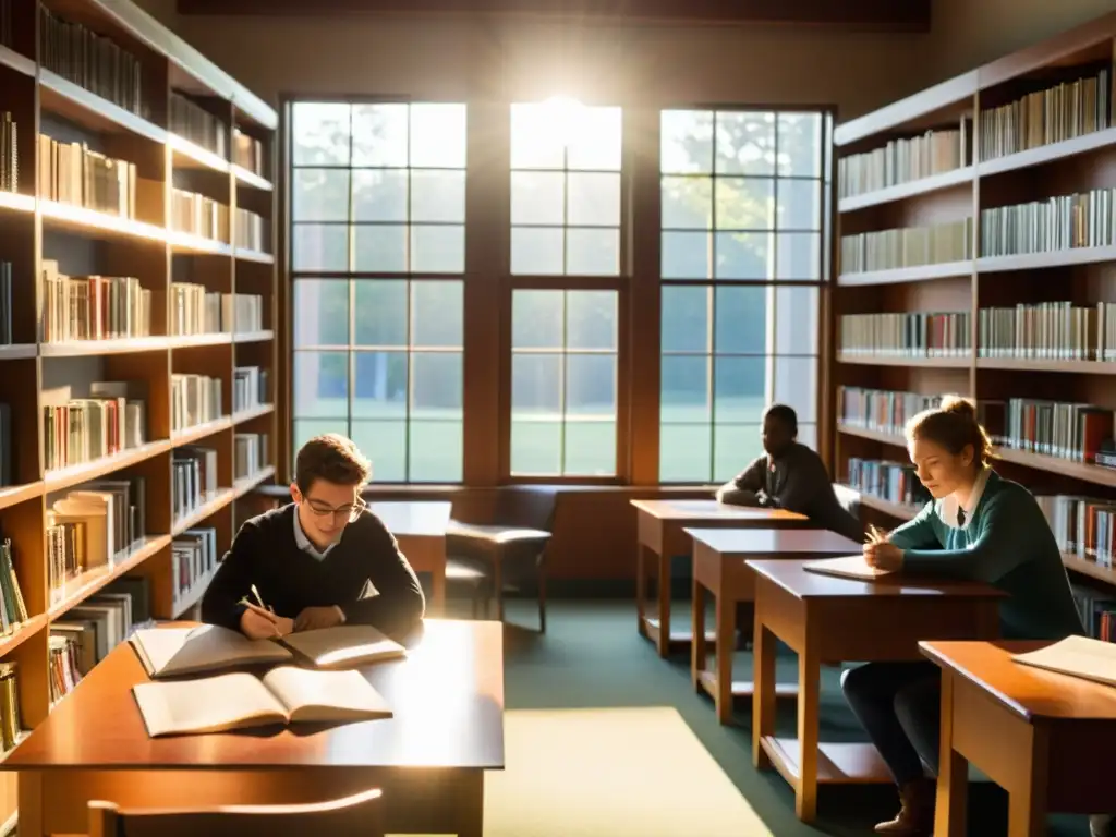 Grupo de estudiantes en aula soleada de la Escuela Austriaca, inmersos en discusión animada rodeados de libros clásicos de economía