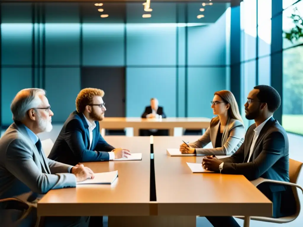 Grupo de estudiosos austriacos radicales inmersos en una intensa discusión en una sala llena de luz natural y mobiliario contemporáneo minimalista