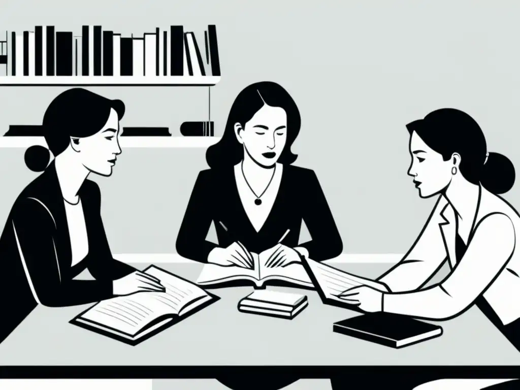 Un grupo de mujeres discute con determinación en la Escuela Austriaca