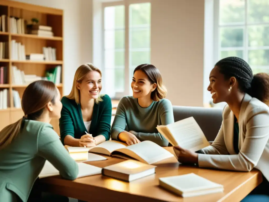 Un grupo de mujeres debate ideas de la Escuela Austriaca con entusiasmo, en una atmósfera de colaboración intelectual y empoderamiento femenino