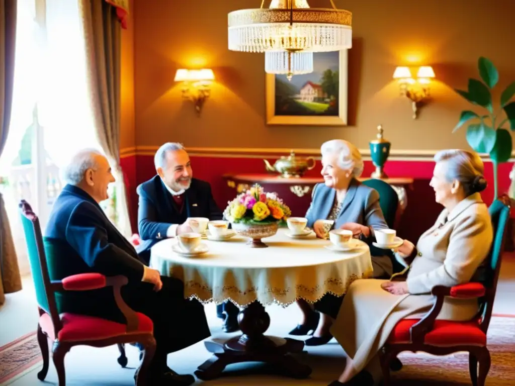 Un grupo de personas mayores disfruta de una animada conversación mientras toman té en una acogedora sala austriaca