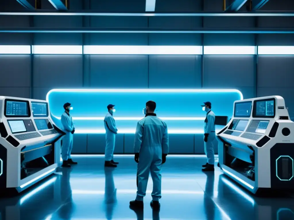 Operarios en fábrica futurista: el impacto de la tecnología en la economía Grupo de trabajadores operando maquinaria tecnológica en una fábrica futurista, con visión austriaca innovación tecnológica