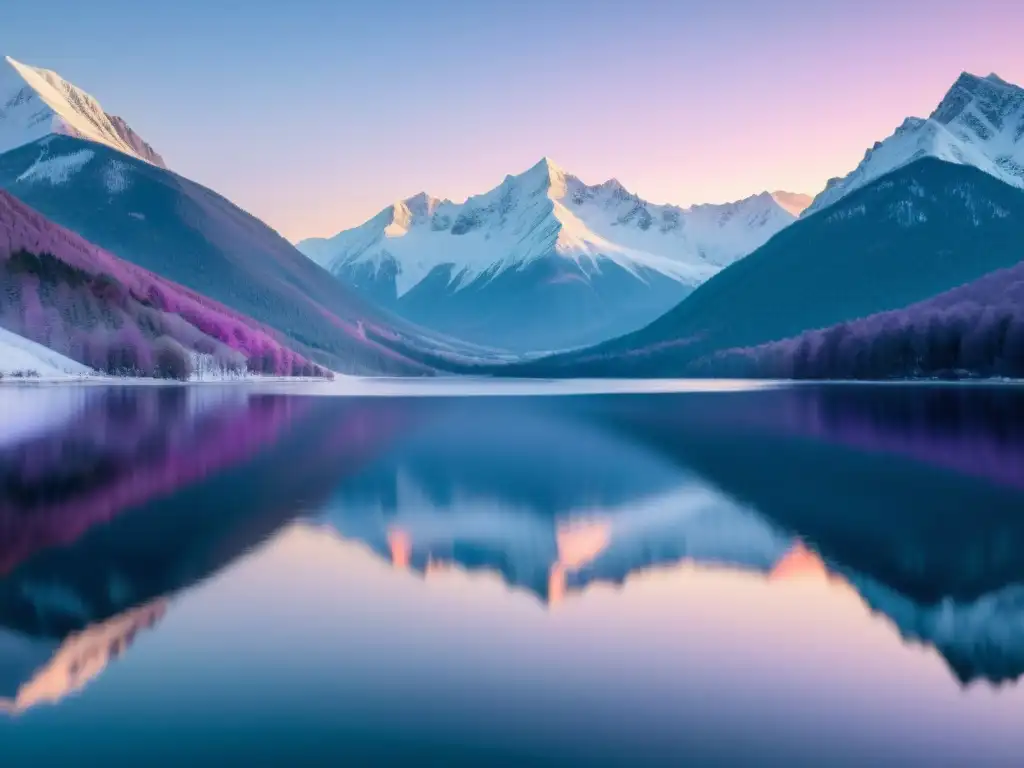 Herramientas Austriacas para Ciclos Económicos: Sereno lago entre montañas nevadas, reflejo de picos en el agua, cielo pastel