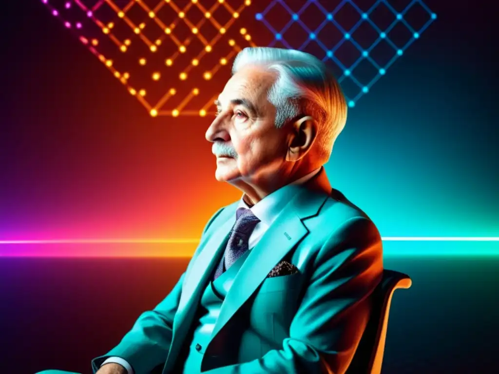 Ludwig von Mises contempla herramientas IA predicción en un entorno futurista, fusionando tradición y tecnología