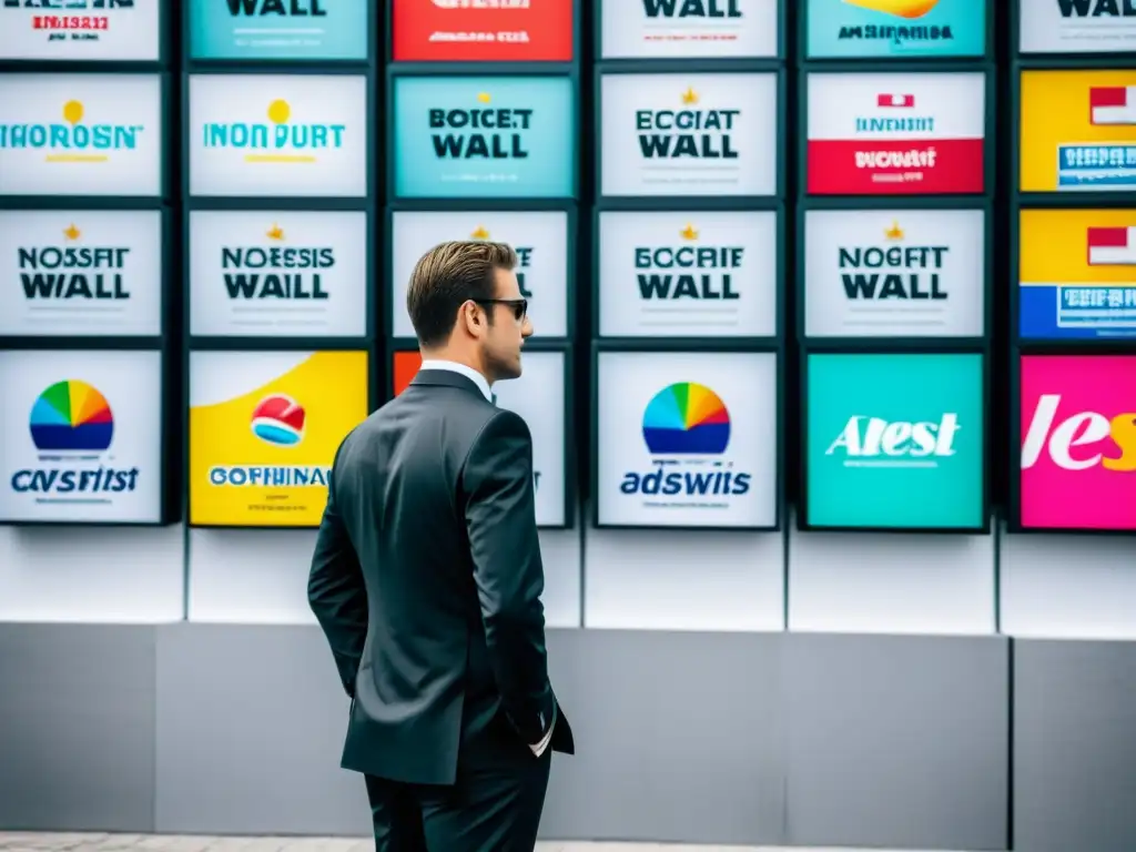 Un hombre de traje frente a una pared llena de anuncios coloridos