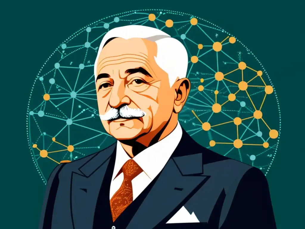 Un homenaje a Ludwig von Mises en una ilustración digital minimalista rodeado de la complejidad de la economía digital y representaciones abstractas de la propiedad intelectual en la era digital