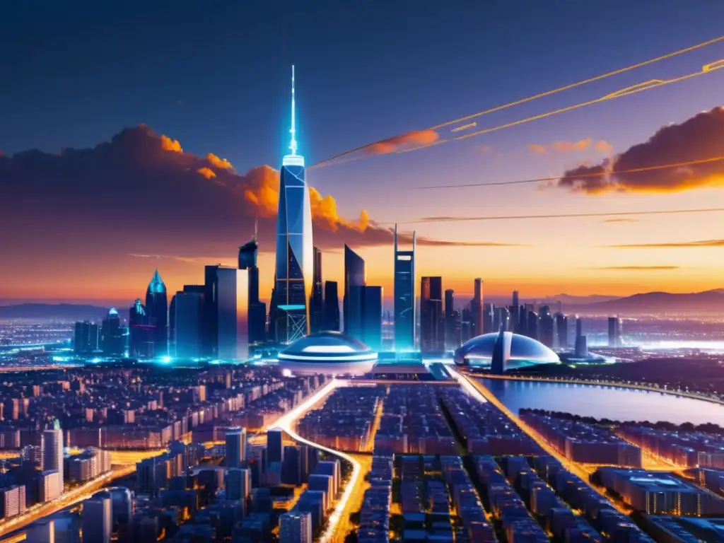 Horizonte futurista de la ciudad al atardecer con edificios modernos y líneas brillantes que simbolizan la integración de inteligencia artificial en mercados financieros