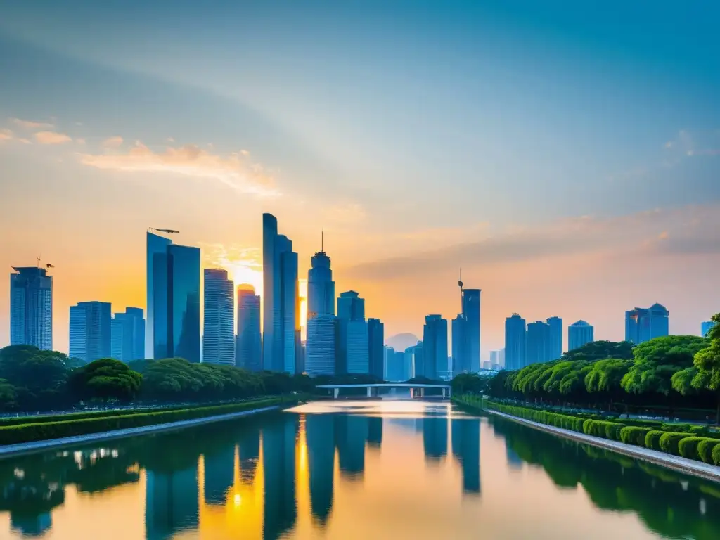 Un horizonte urbano asiático moderno en armonía con la naturaleza, reflejando la libertad económica Escuela Austriaca