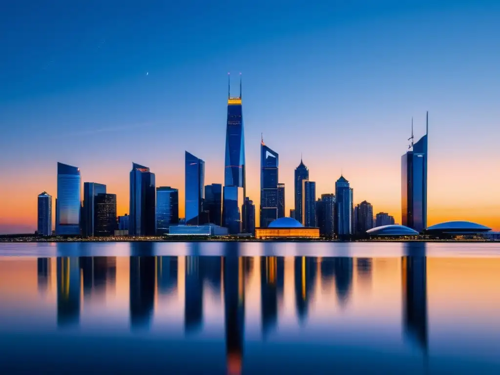 Horizonte urbano futurista al atardecer, con rascacielos geométricos reflejando la cálida luz del sol