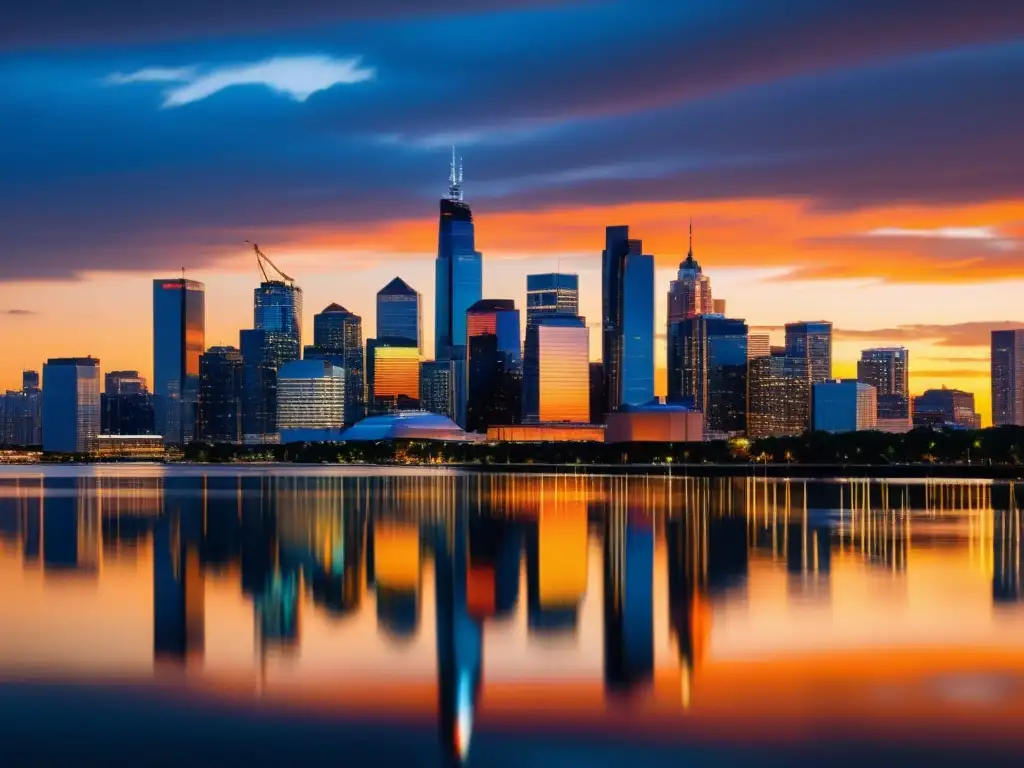 Horizonte urbano moderno al atardecer, reflejos de rascacielos en agua