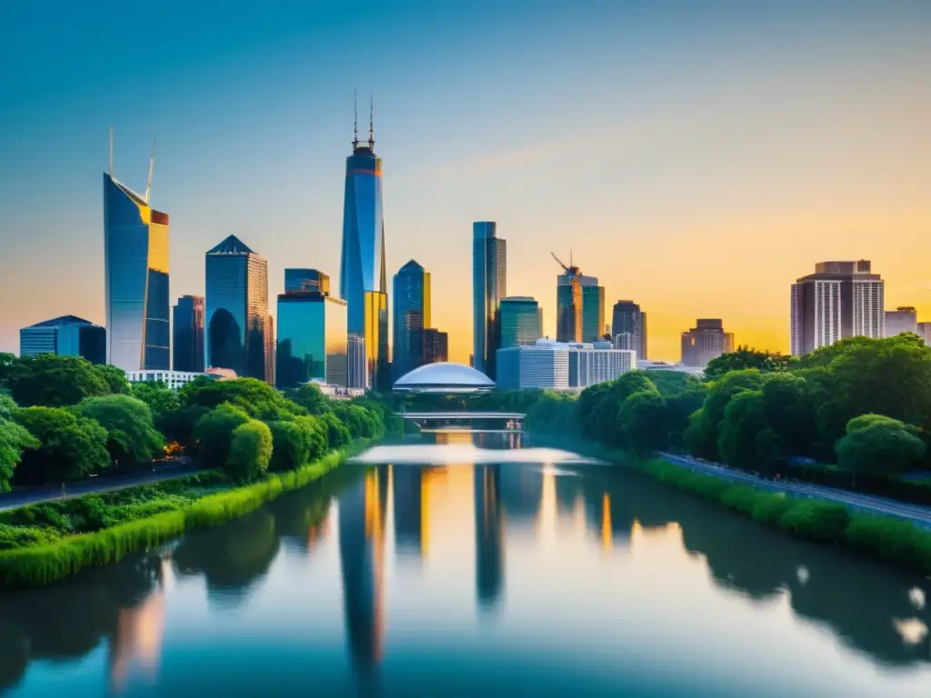 Un horizonte urbano moderno y minimalista al atardecer, reflejando el cálido resplandor dorado en rascacielos de cristal