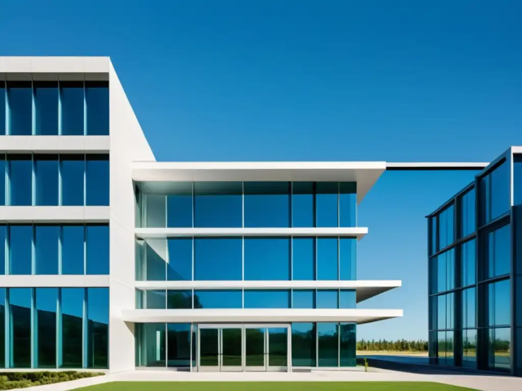 Un hospital moderno y sereno bajo un cielo azul claro, reflejando la reforma del sistema de salud con su arquitectura contemporánea y eficiente