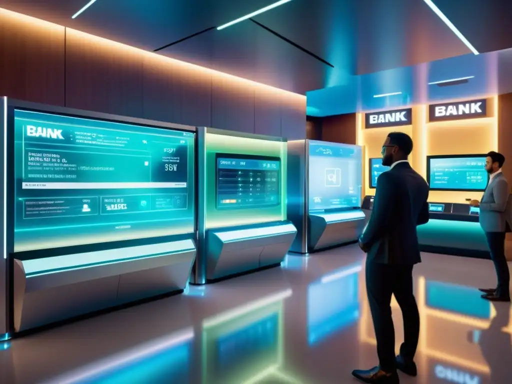 Interior de banco futurista: tecnología y elegancia Una ilustración digital ultradetallada de un interior bancario futurista con tecnología de vanguardia y una atmósfera de eficiencia y sofisticación