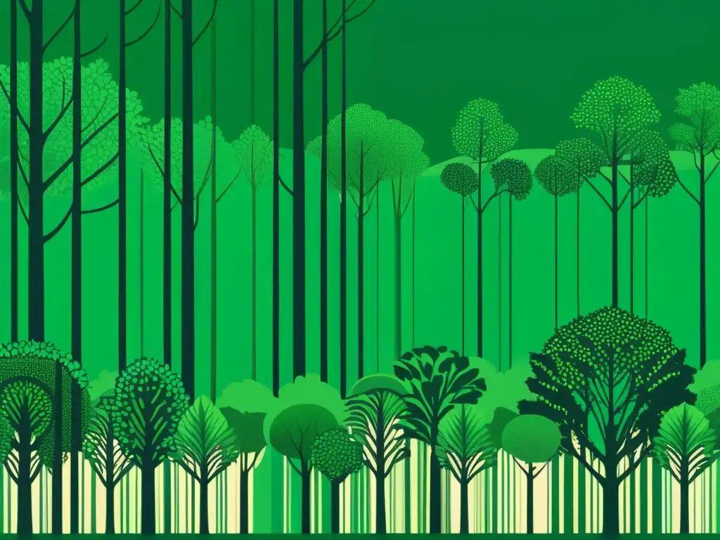 Armonía Urbana-Natural: Ilustración Impactante Una ilustración impresionante que fusiona un exuberante bosque con una bulliciosa ciudad, capturando la esencia de la ética del mercado y Aldo Leopold