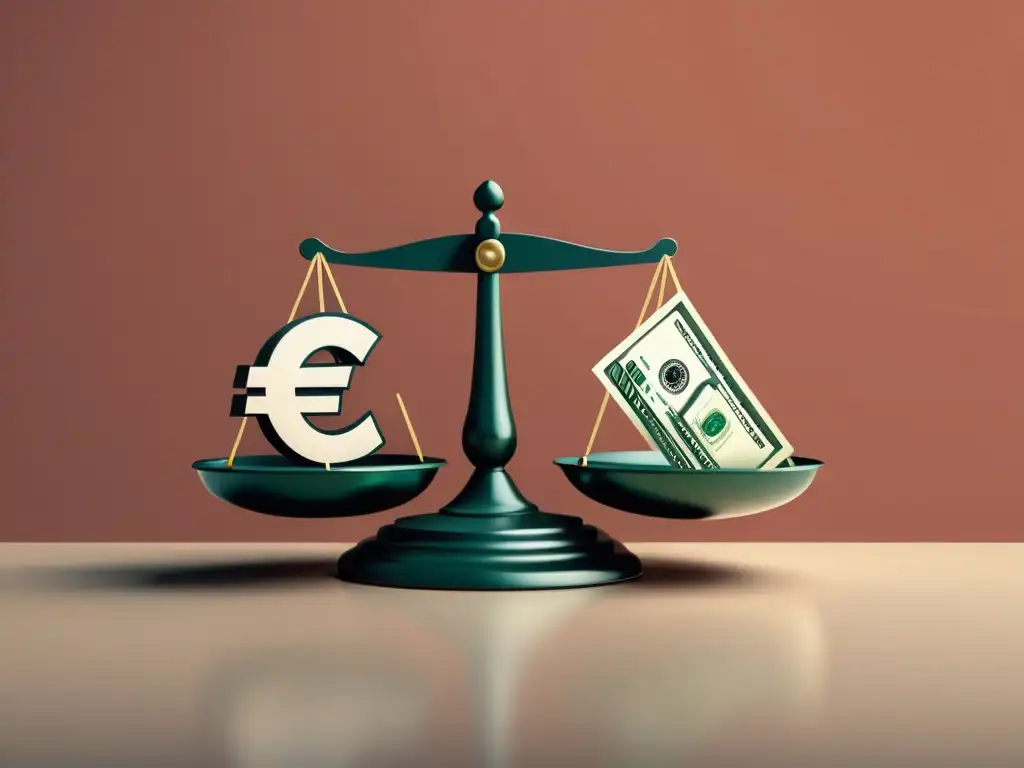 Intersección política y Escuela Austríaca de Economía: dinero vs Una ilustración minimalista de una balanza con dinero en un lado y libros en el otro, simbolizando la intersección política Escuela Austriaca
