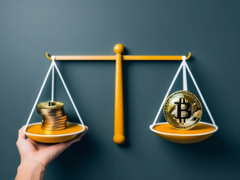 Equilibrio financiero: Criptomonedas vs Una ilustración minimalista de una balanza equilibrada con monedas tradicionales y criptomonedas