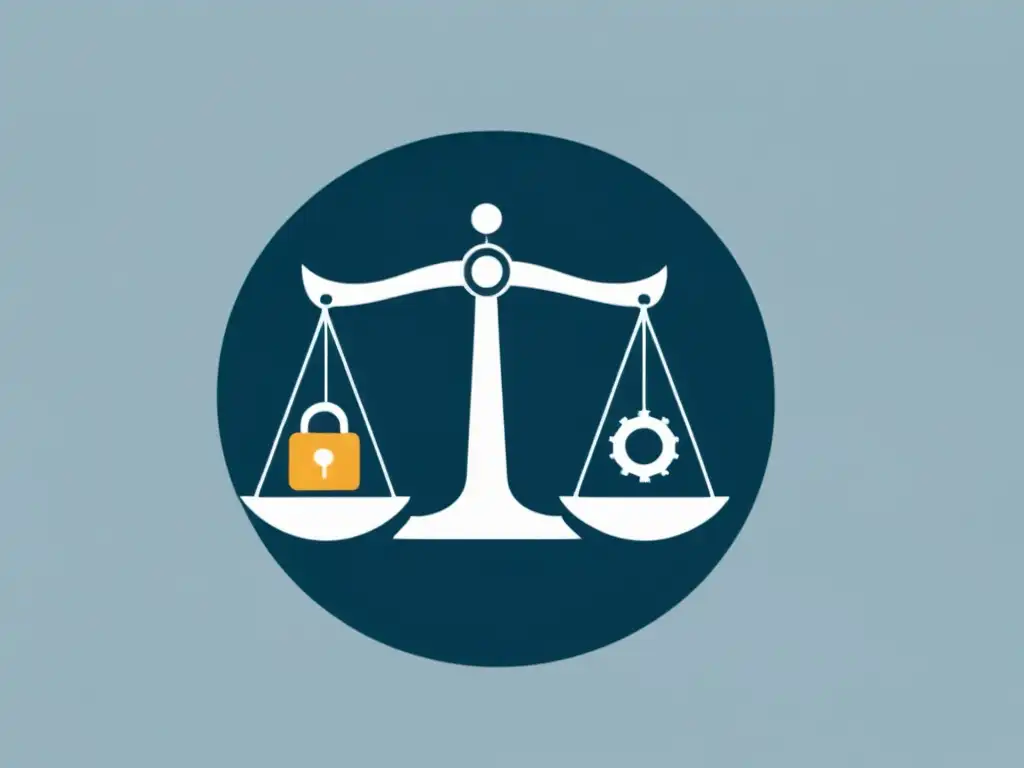 Equilibrio digital: privacidad vs regulación en la era de la información Una ilustración minimalista de una balanza con íconos de privacidad de datos a un lado y símbolos regulatorios al otro, en un fondo futurista limpio