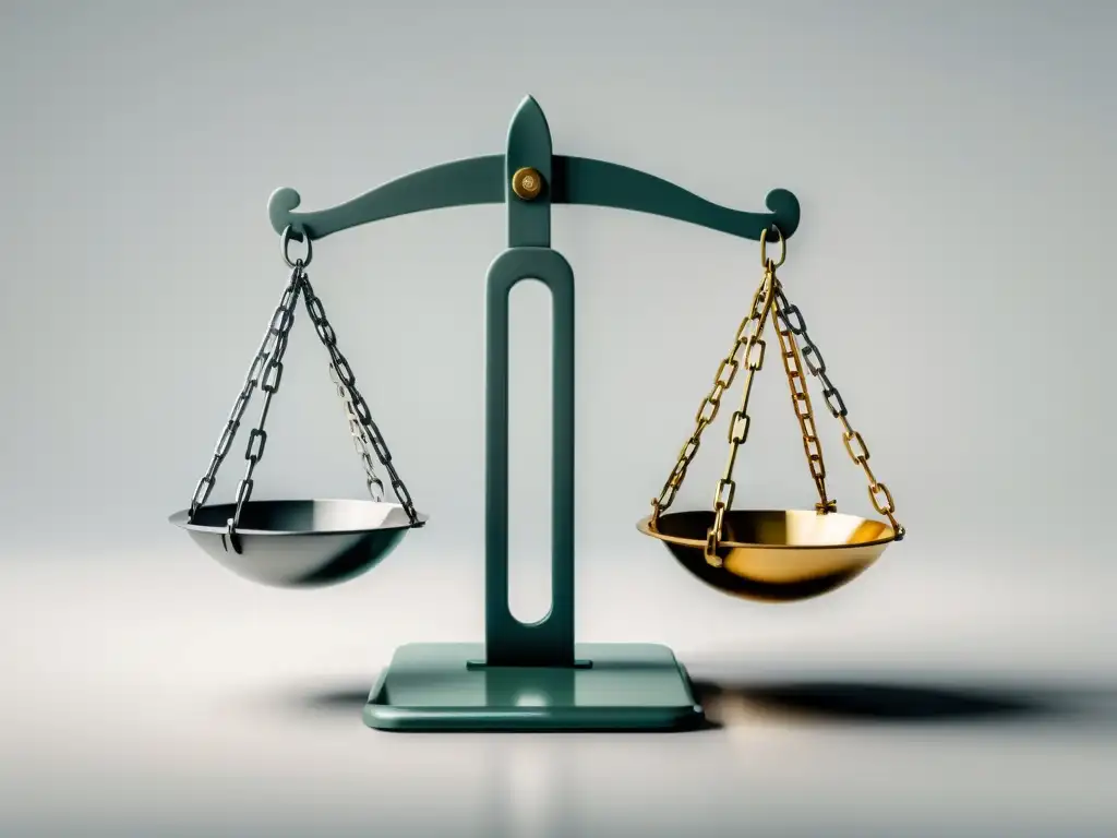 Poder político y libertad económica: ilustración minimalista Una ilustración minimalista de una balanza con un lado cargado de dinero y el otro lado cargado de cadenas, simbolizando la intersección de poder político y libertad económica en la Escuela Austriaca de Economía