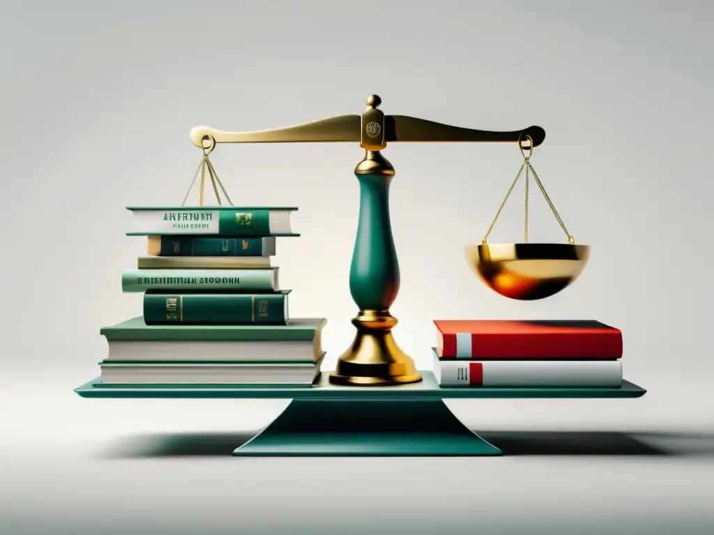 Una ilustración minimalista de una balanza con libros y dinero, representando la ética de la propiedad intelectual desde la moral austriaca