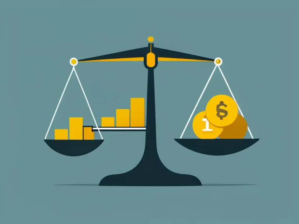 Una ilustración minimalista de una balanza con una pila de monedas de oro en un lado y elementos económicos en el otro