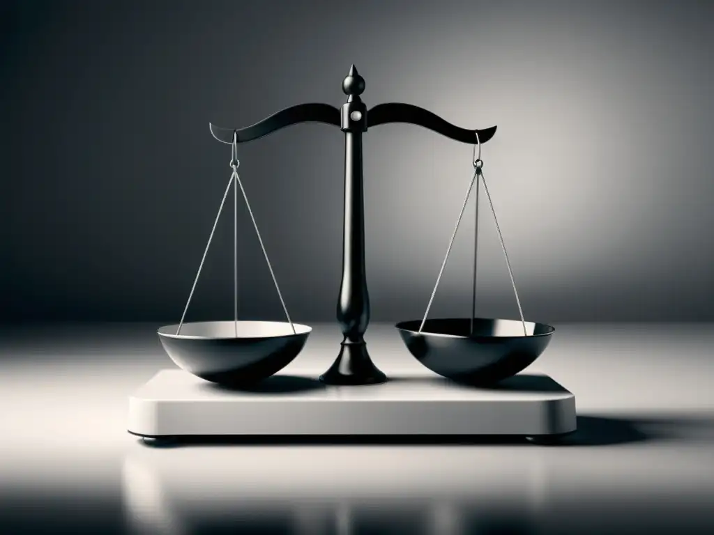 Equilibrio de elecciones en la Escuela Austriaca Una ilustración minimalista en blanco y negro de una balanza, con un lado fuertemente ponderado y el otro flotando libremente, representando el concepto de acción humana y el equilibrio de opciones en las Teorías de la Escuela Austriaca de Economía