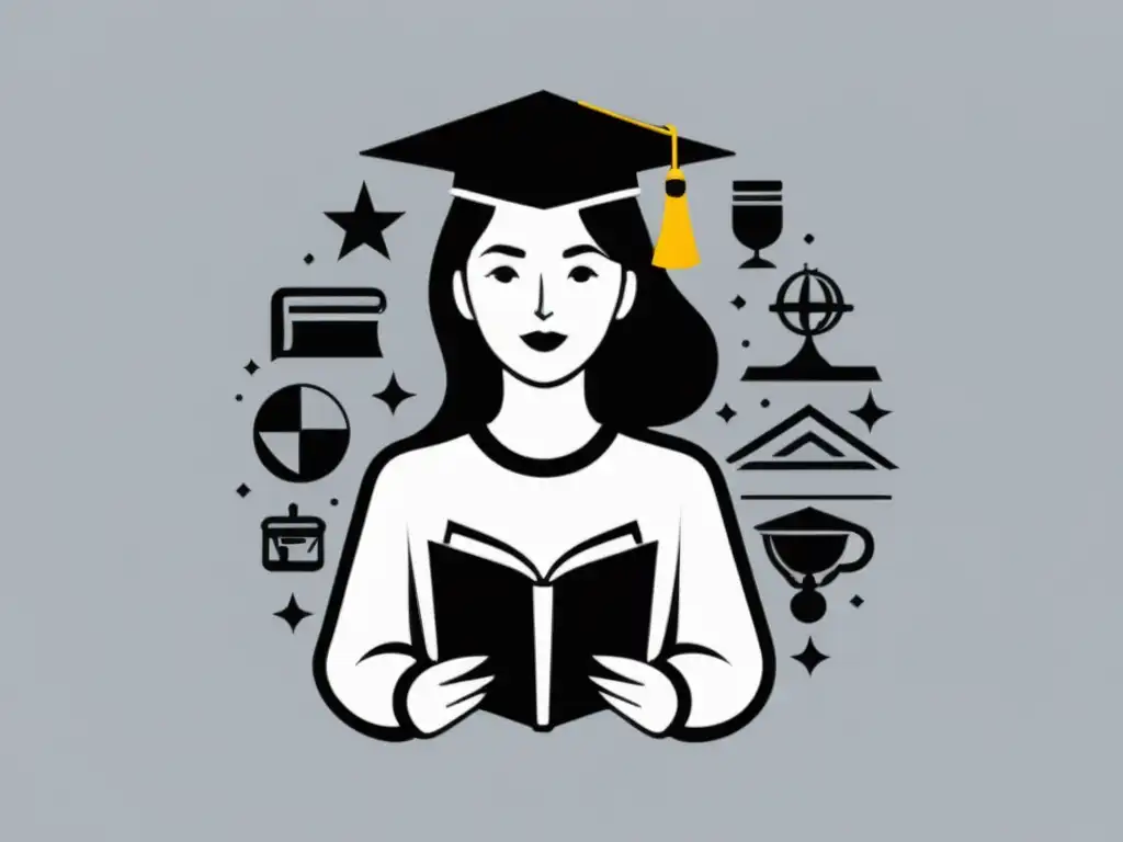 Una ilustración minimalista en blanco y negro de una mujer segura sosteniendo un libro y un lápiz, rodeada de símbolos educativos