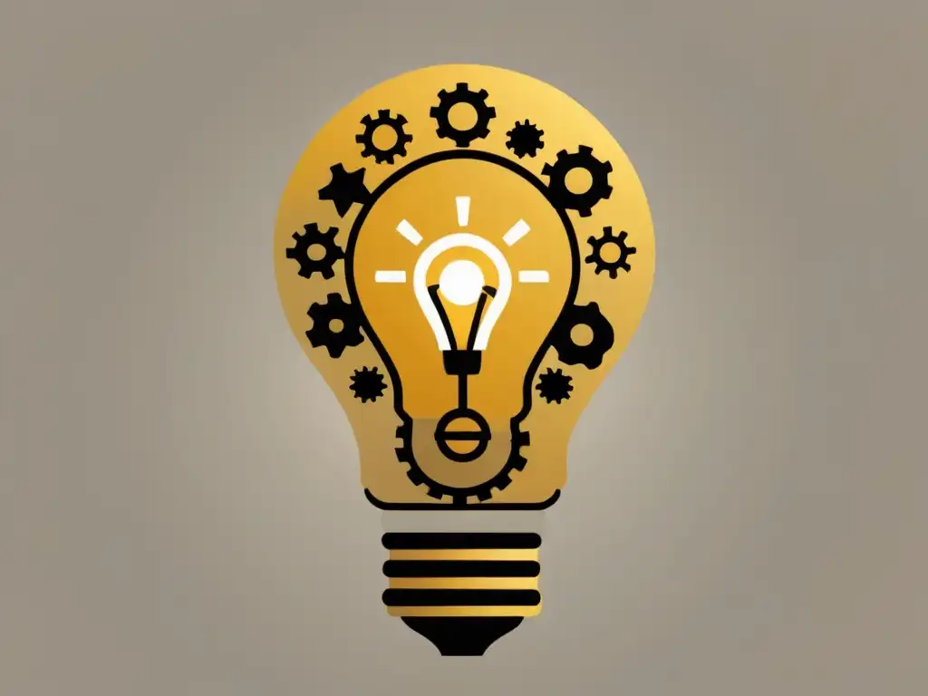 Una ilustración minimalista de una bombilla con engranajes en su interior, simbolizando la naturaleza interconectada de la innovación y el emprendimiento en la Escuela Austriaca de Economía