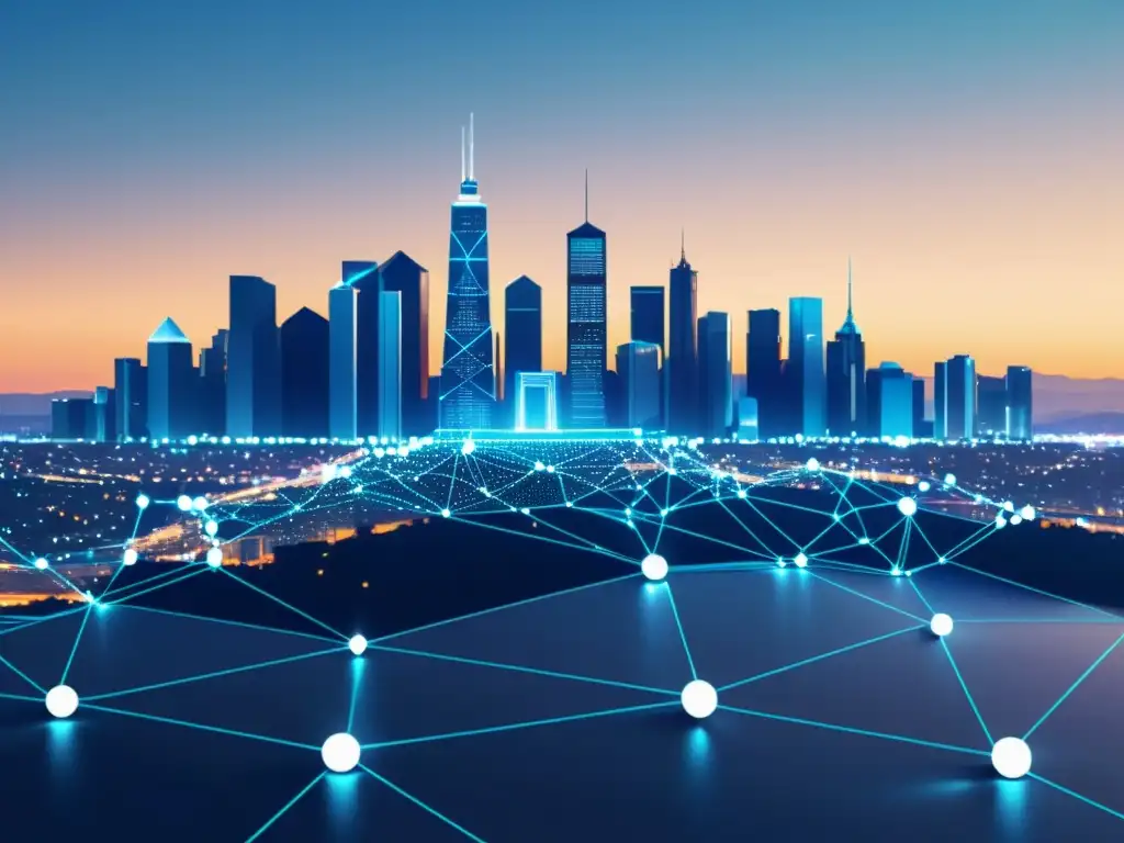 Blockchain: tecnología urbana para la gobernanza local Una ilustración minimalista de una ciudad con nodos y líneas conectados representando la tecnología blockchain, enfocada en la gobernanza local y soberanía