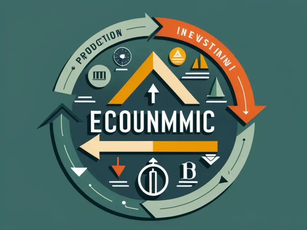 Una ilustración minimalista de un complejo ciclo económico, con flechas, gráficos y símbolos interconectados representando factores económicos