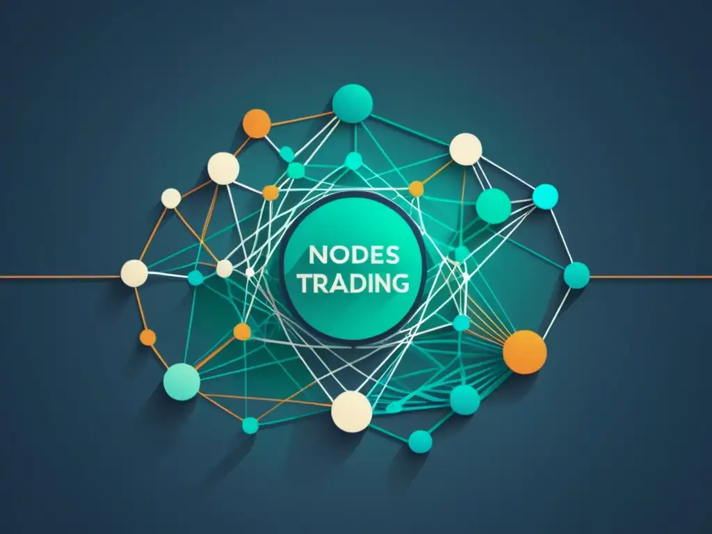 Una ilustración minimalista de un complejo modelo de trading algorítmico, con nodos interconectados y flujos de datos, en un ambiente moderno y limpio