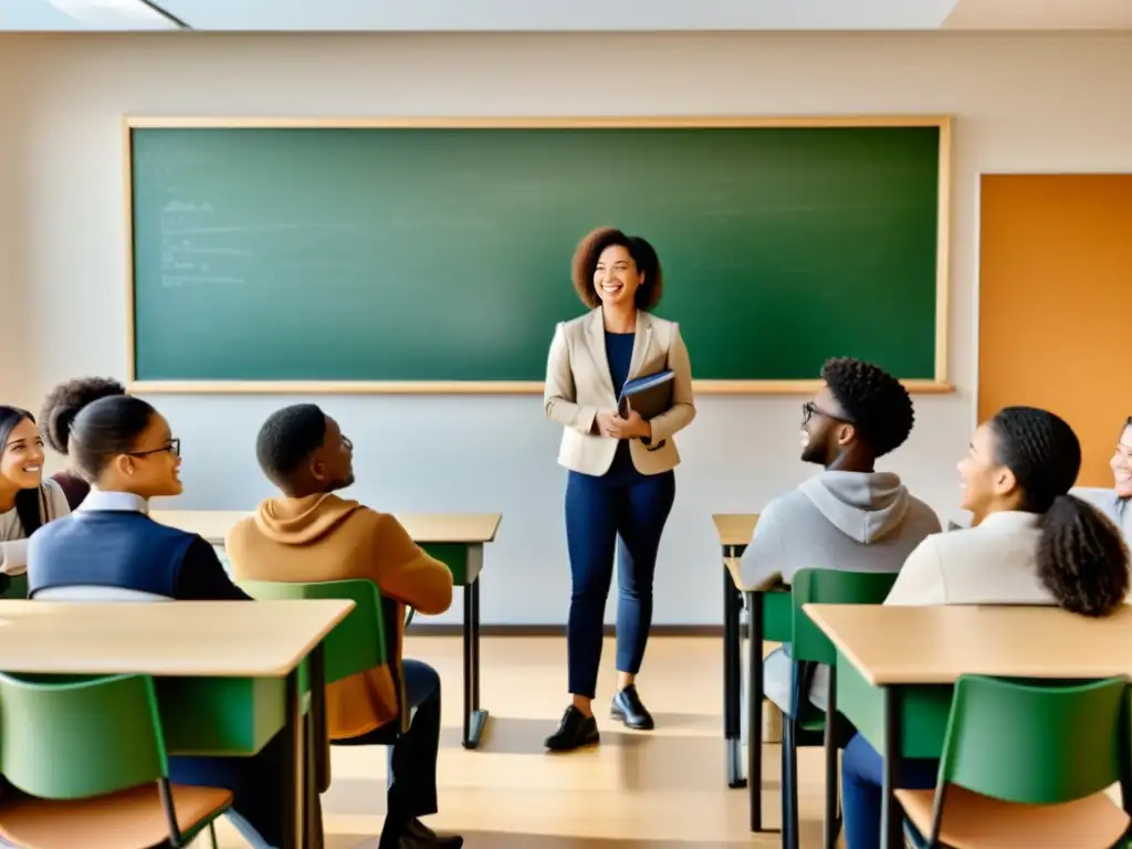 Una ilustración minimalista de estudiantes diversos participando en una animada discusión en un aula iluminada con luz natural