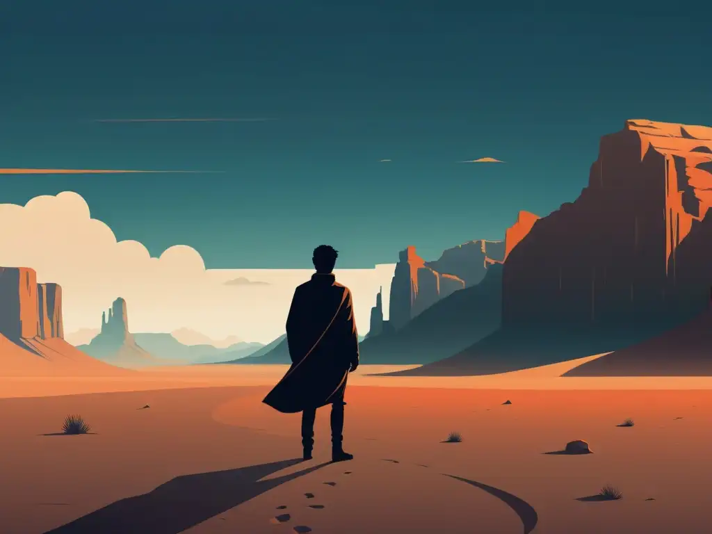 Silueta determinada en un desierto vasto Una ilustración minimalista de una figura solitaria en un vasto desierto, rodeada de imponentes acantilados y un cielo brillante y expansivo