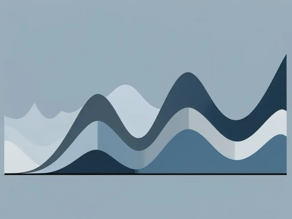 Una ilustración minimalista de un gráfico de onda sinusoidal con picos y valles que representan los ciclos de auge y caída económica, superpuestos con indicadores económicos clave como tasas de interés, inflación y tasas de desempleo