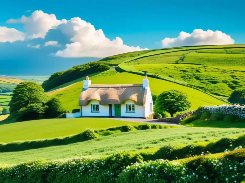 Una ilustración minimalista de un paisaje verde exuberante con colinas y campos, una cabaña irlandesa y un cielo azul vibrante