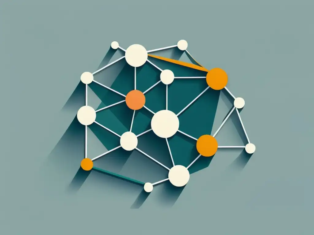 Red de información dispersa en la teoría de Hayek Una ilustración minimalista de una red compleja de nodos interconectados y líneas, representando la Teoría de los seguros de Hayek con formas variadas y conexiones precisas