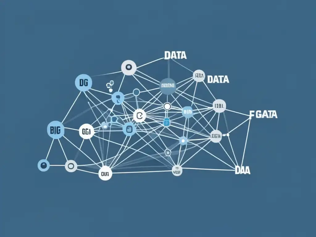 Una ilustración minimalista de una red de nodos interconectados y líneas, con datos fluyendo entre ellos, representando la compleja relación entre el big data y la Escuela Austriaca de Economía