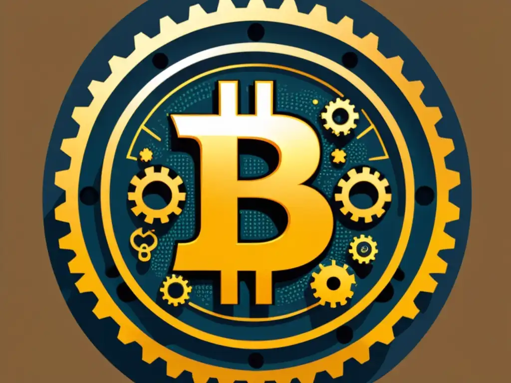 Una ilustración minimalista de un símbolo de bitcoin brillante entrelazado con los intrincados engranajes de un reloj de bolsillo tradicional, simbolizando la sinergia innovadora entre la tecnología blockchain y los principios probados de la Escuela Austriaca de economía