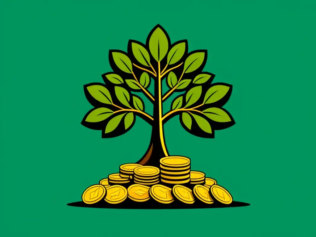 Una ilustración serena y minimalista de un árbol creciendo de una pila de monedas, representando el crecimiento sostenible y la diversificación de inversiones a través de las aplicaciones de la Escuela Austriaca