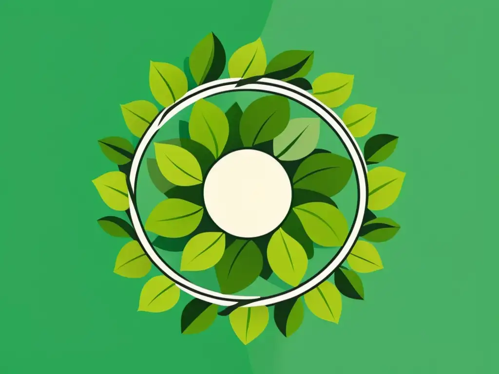Una ilustración serena y minimalista de un engranaje compuesto por hojas verdes interconectadas, simbolizando la interconexión de los ciclos económicos y la sostenibilidad