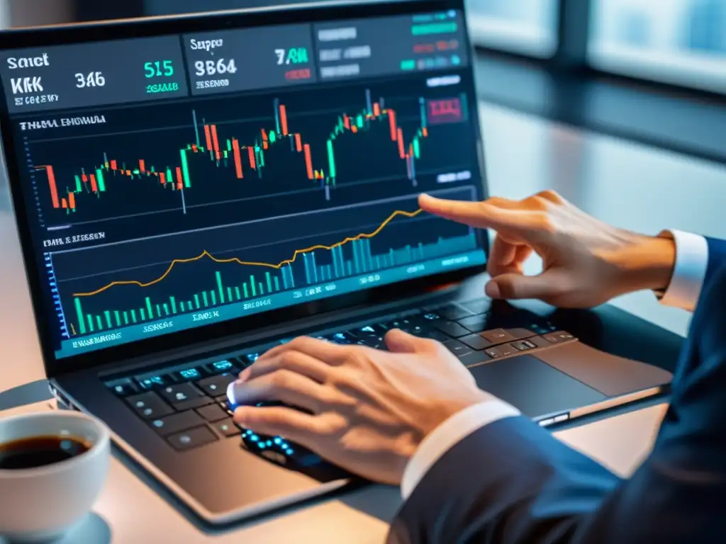 Una imagen de alta definición 8K de una mano humana utilizando una plataforma de trading profesional, con gráficos financieros nítidos y datos