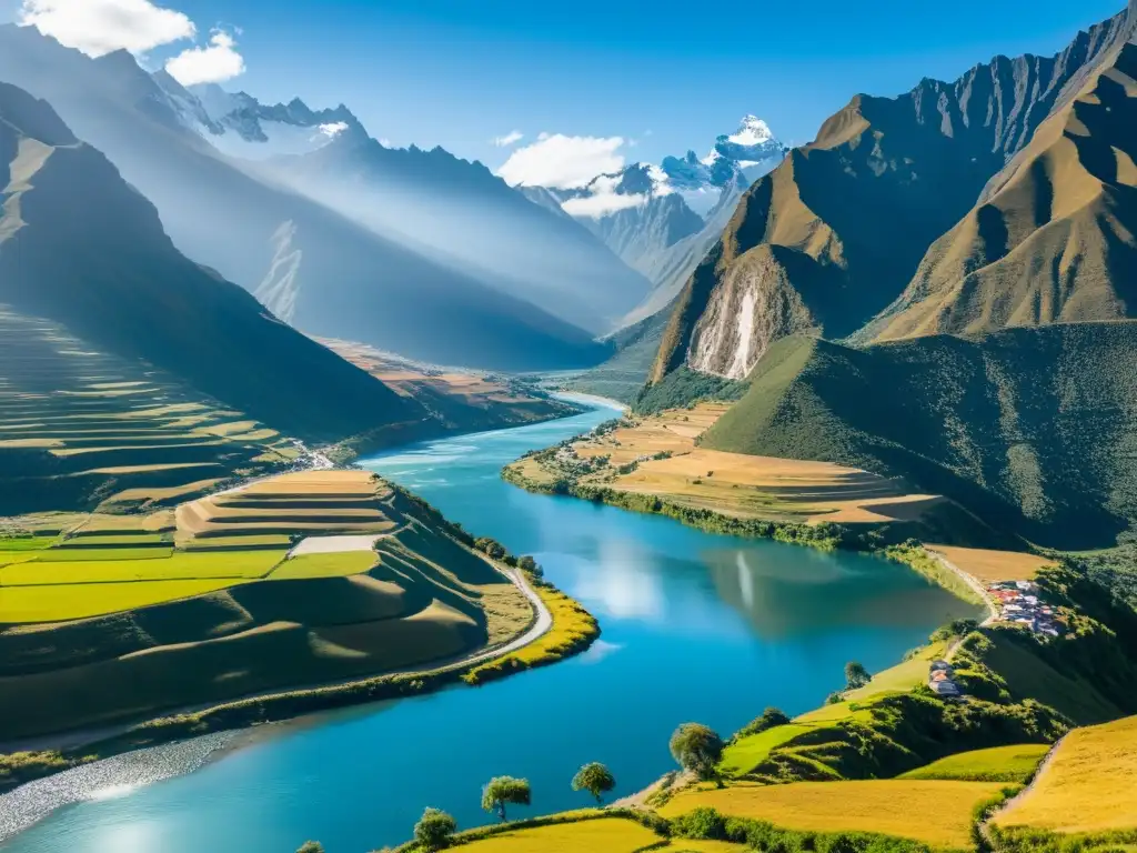 Imagen de alta resolución del paisaje peruano, con los Andes al fondo y un río tranquilo